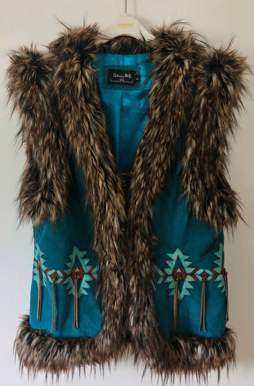 vtg Patricia Wolf leather Vest Faux Fur Trim western women's L fringe cowgirl